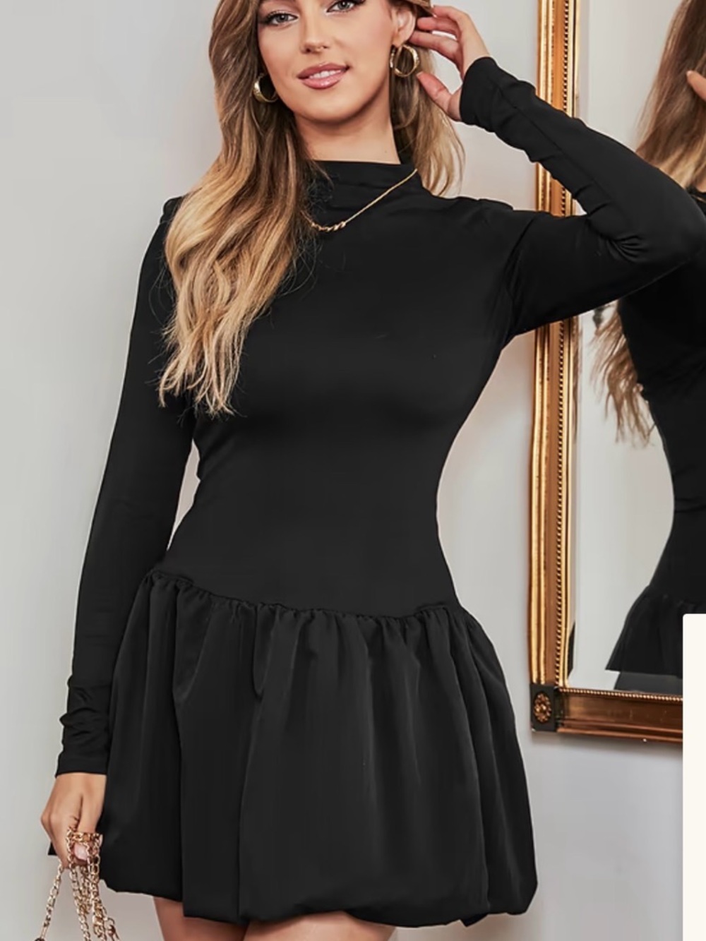 Cupshe Black Long-Sleeve Mock Neck Bubble Hem Dress (sold out online)